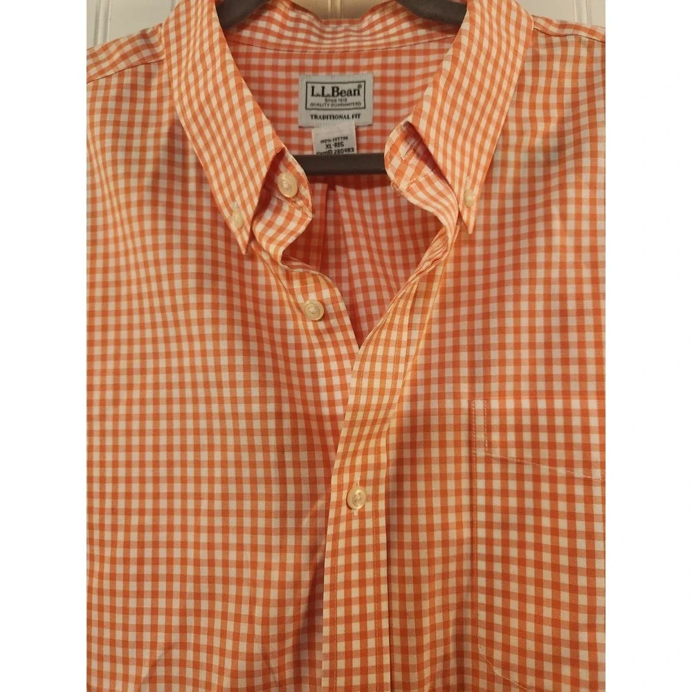 L.L. Bean Men's Orange Gingham Button-Up Shirt Size XL 100% Cotton Short‎ Sleeve
